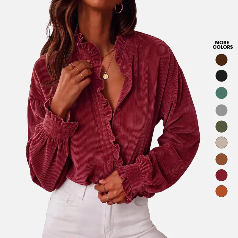 Flowyair Womens Ruffle Button Down Shirt, Long Sleeve Ruffle Trim Blouses, Loose Fit Vintage Dressy Casual Tops, Corduroy‑Textured Fabric, Fall Winter Essential