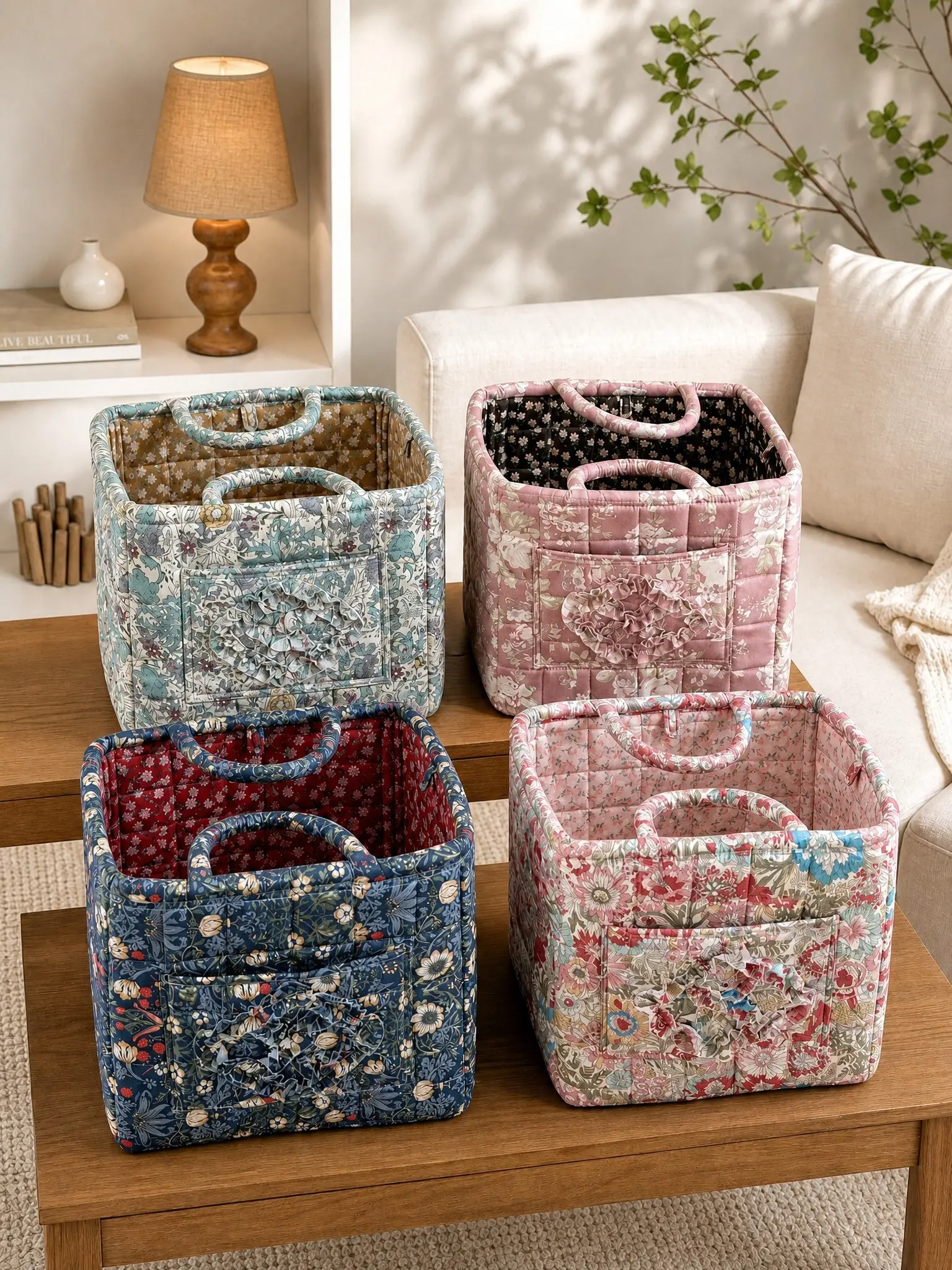 Vintage Floral Quilted Large Decorative Storage Basket, Lily Edge Outer Pocket, Four Colors Available, Home Clothes Baby Miscellaneous Handbag