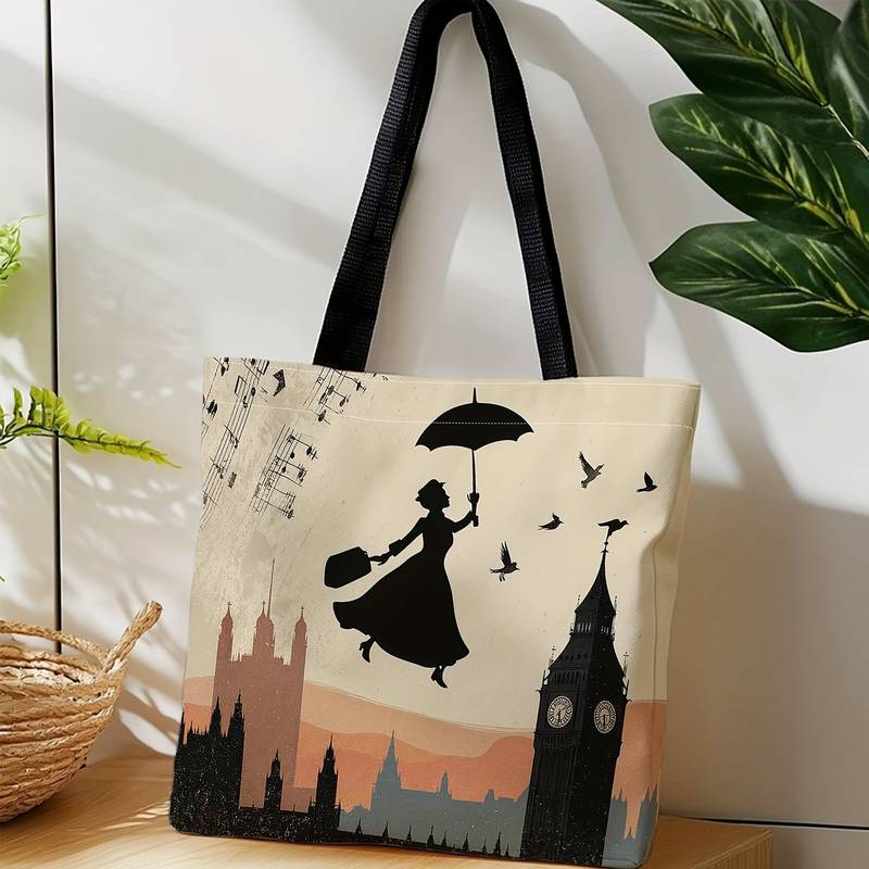 Printed Backpack with Umbrella, Bird, Cityscape Design, Durable Large Capacity, Ideal for Commuting, Parties, Beach Shopping, Travel, Daily Use