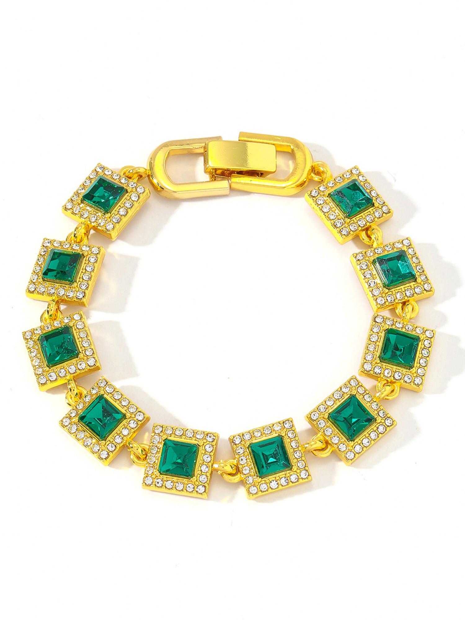 Trendy Spliced Square Color Necklace Bracelet Set, Unisex Iced Out Blingbling Design, Ideal Jewelry Gift & Punk Style Accessory