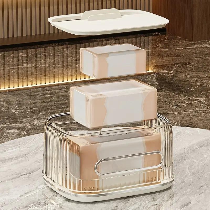 Transparent Desk Tissue Box Dispenser Bin with 4 Storage Functions, Paper Towel Holder, Drawer, Remote Control Storage, Modern Home Office Accessories, Bathroom Organizer