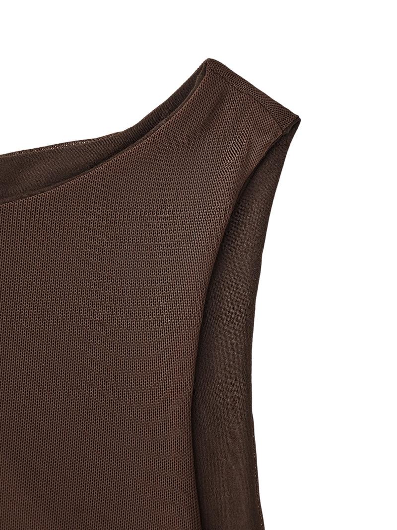 Women's Mesh Sexy Ruched Bodycon Boat Neck Mini Dress, Sleeveless Pleated Hem, Club Party Short Gown, Slim-Fitting Fashion