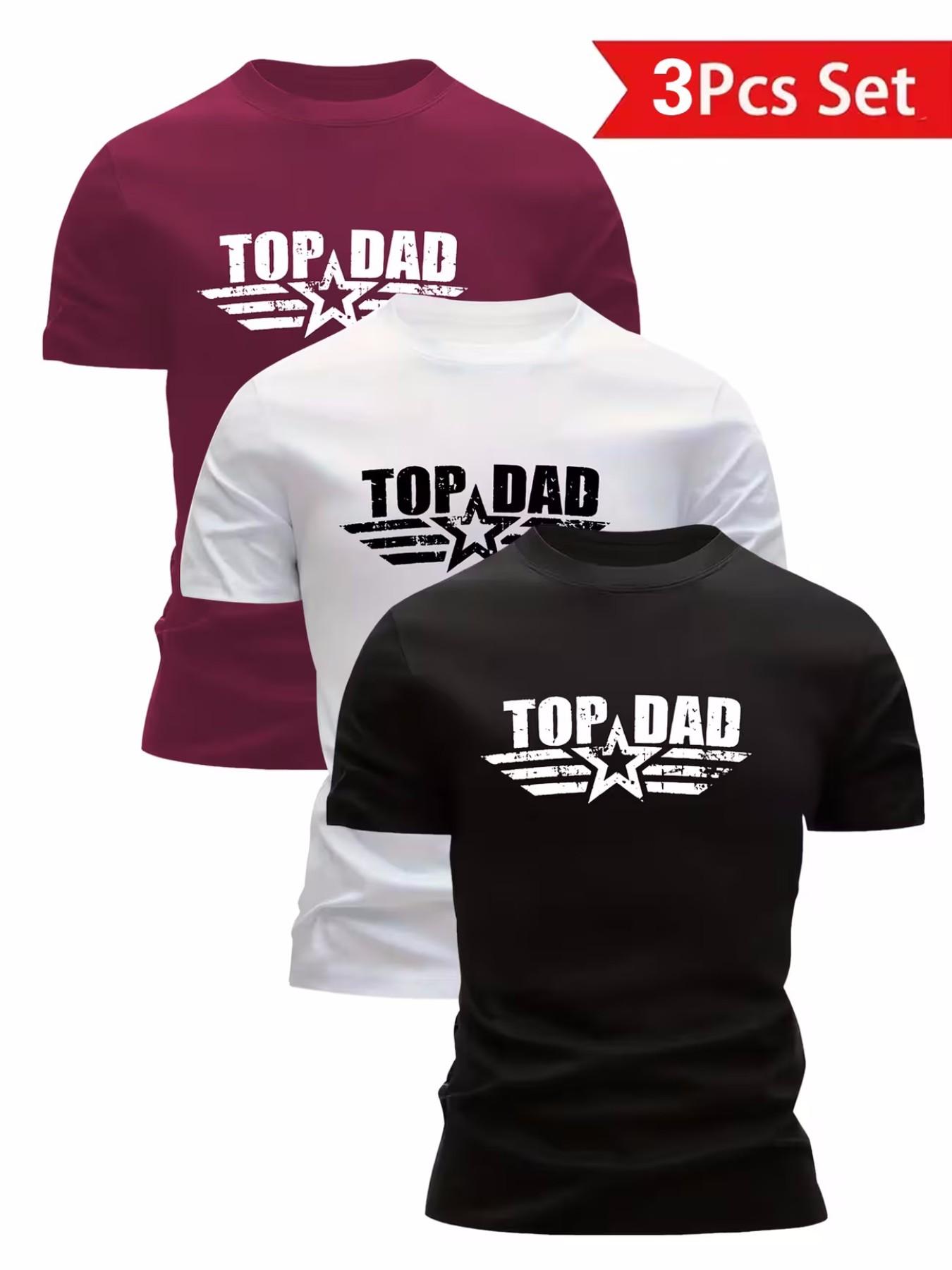 3Pcs Men's Casual "Top Dad" Star Print T-Shirt Set, Distressed Design Short Sleeve Tops for Daily Wear