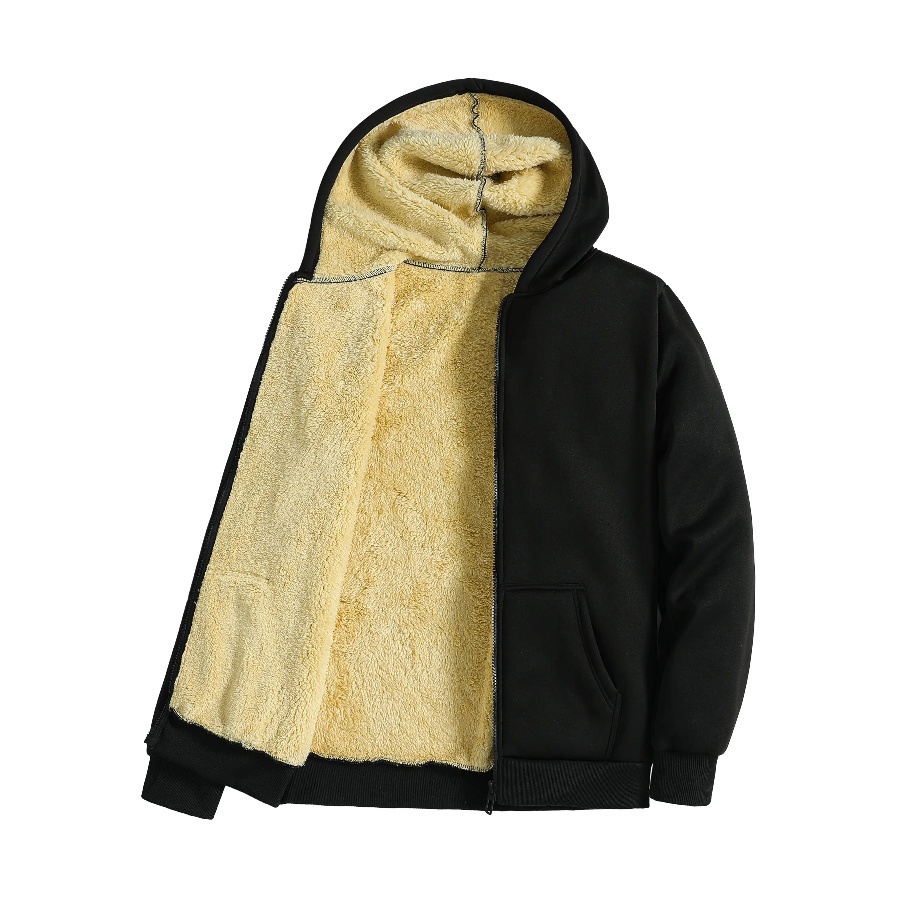 Men's Sherpa-Lined Full-Zip Hoodie Jacket - Thick Warm Longsleeves Simple Tops, Solid Color Casual Outerwear, Winter Thermal Coat with Kangaroo Pocket, Machine Wash for Daily Outdoor Use