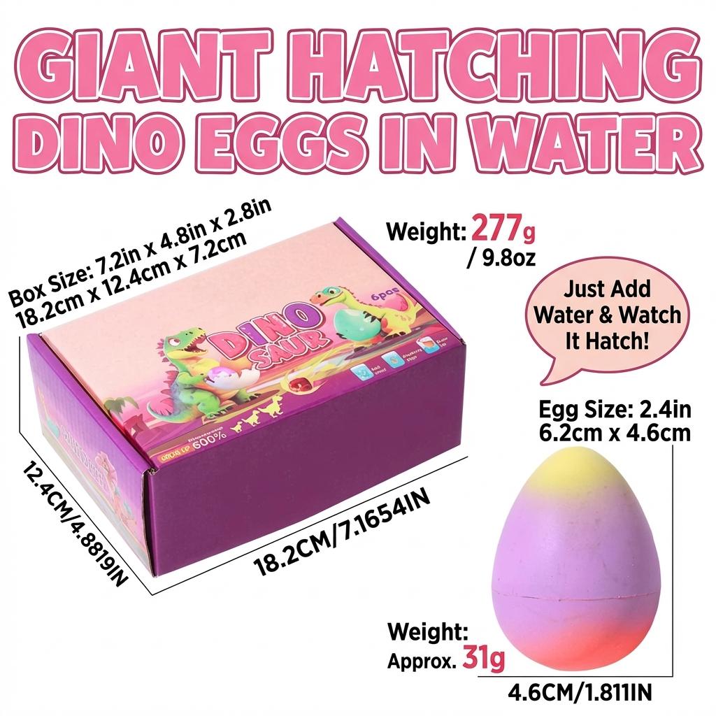 6Pcs Dinosaur Water Hatching Eggs Toy, Magic Growing Dino Eggs for Kids, Grows up to 600%, Novelty Easter Egg Toys for Boys & Girls, Birthday Party Favors