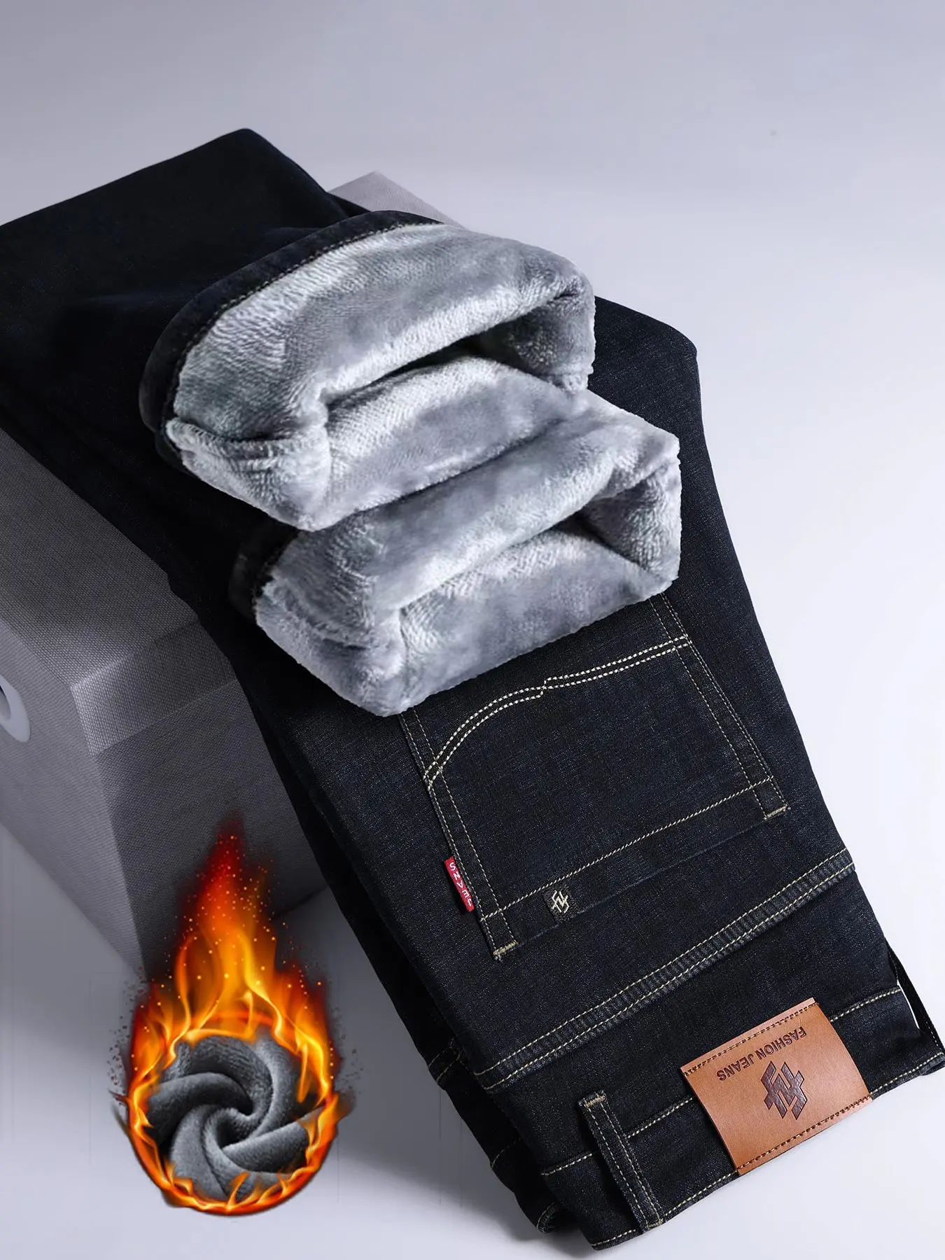 Thickened Winter Fall Fleece Jeans, Slim Fit Straight Leg Long Pants, New High Waist Casual Stretch Men's Pants, Warm and Comfortable