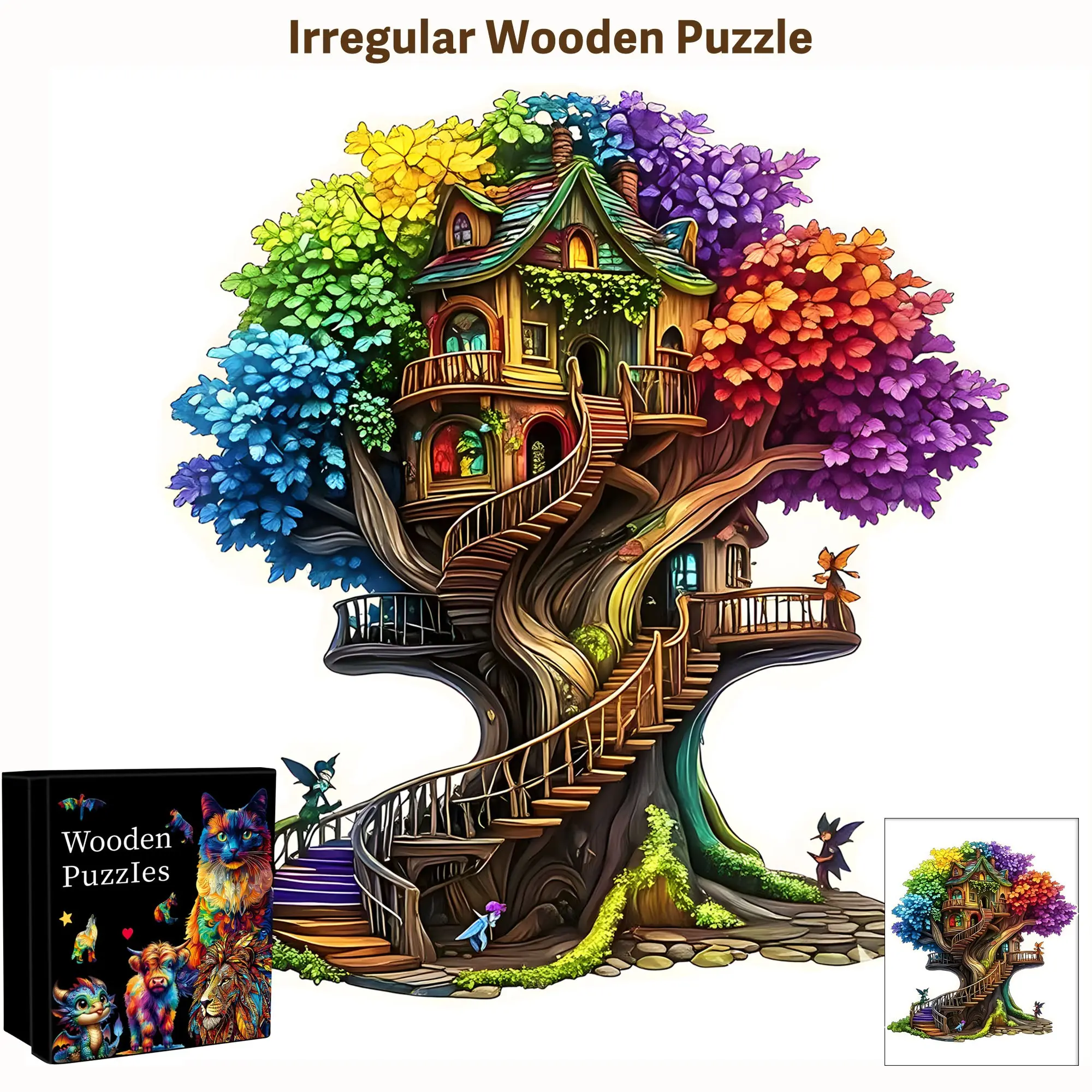 Irregular Wooden Puzzle Rainbow Tree House, Creative Puzzle, 3D Visual Effect Flat Puzzle, Unique Shape Home Decor, Gift for Adults and Kids