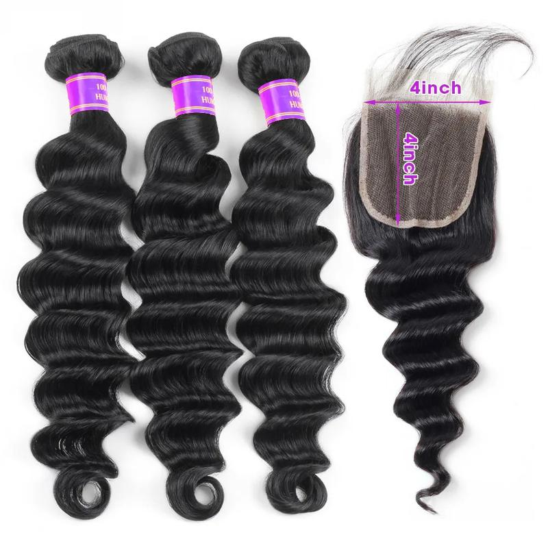 Ama Loose Deep Wave Bundles With Closure 4x4 inch Human Hair Bundles With Closure 3/4 Bunldes With Closure