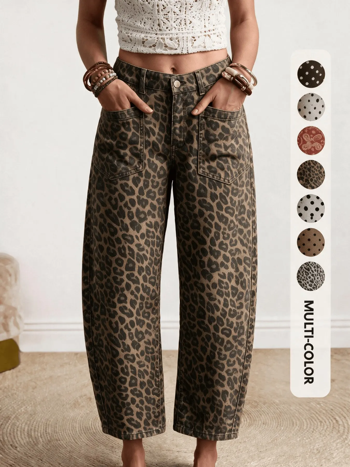 Trendy Leopard Print Wide Leg Jeans, Loose, High Waist with Large Pockets, Street Style for Music Festivals and Vacations, Bold and Stylish Design