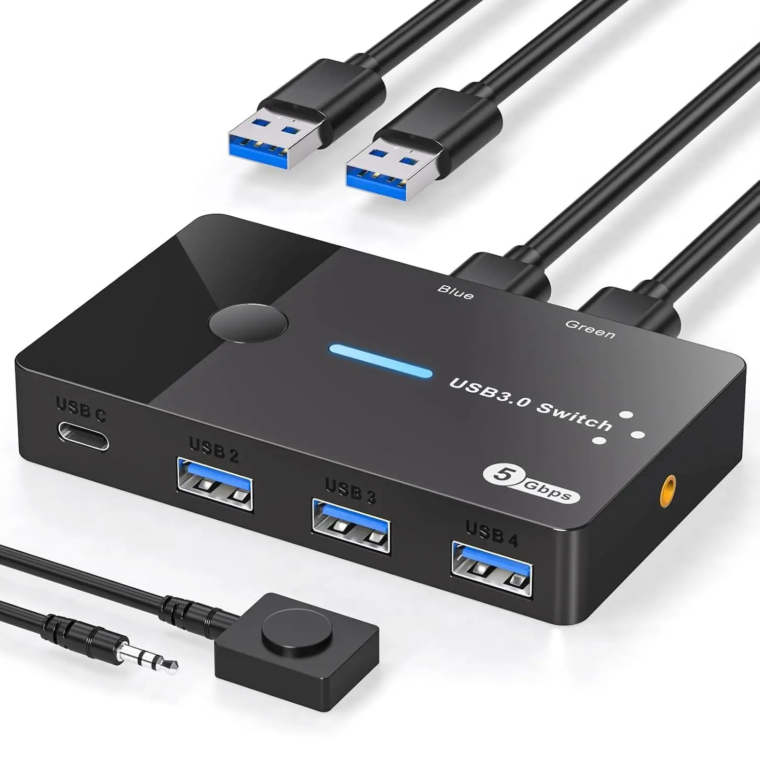 USB 3.0 Switch for 2 Computers Keyboard Mouse Switcher USB A Hub Selector for 2 PC or Laptop Share 3 USB A Ports and 1 USB C Port with Extended ControllerGift
