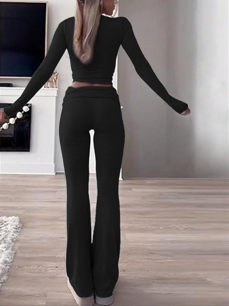 Women's 2 Piece Casual Pajama Set, Slim Fit Long Sleeve Top & Low Rise Bell Bottoms, Versatile Yoga Loungewear for All Seasons,Airport Outfit