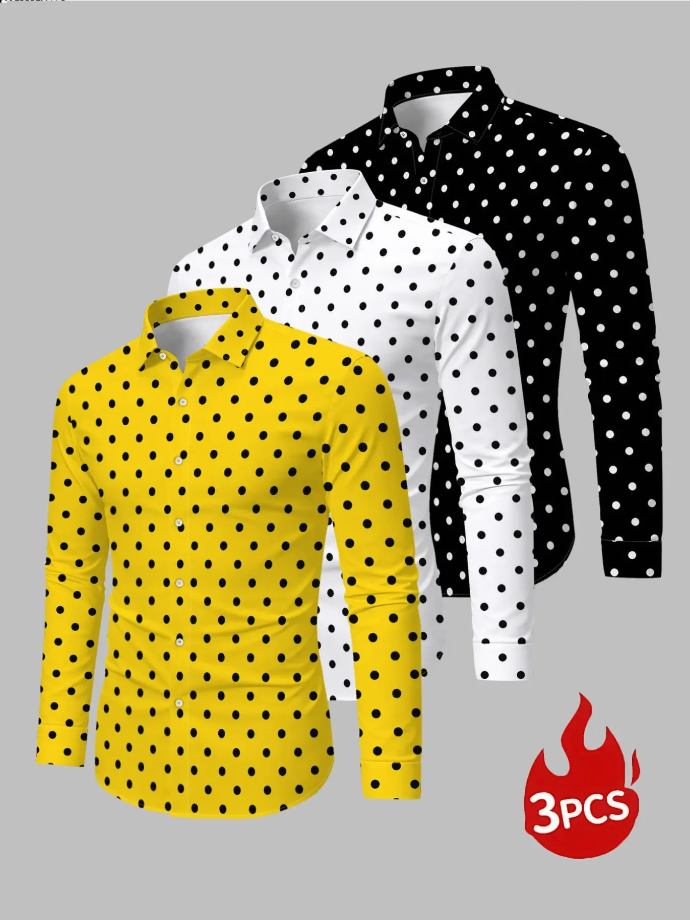 Men's 3-Piece Long Sleeve Button-Down Shirt Set, Polka Dot Prints, Casual Party Wear, All Seasons Slim-Fit Top