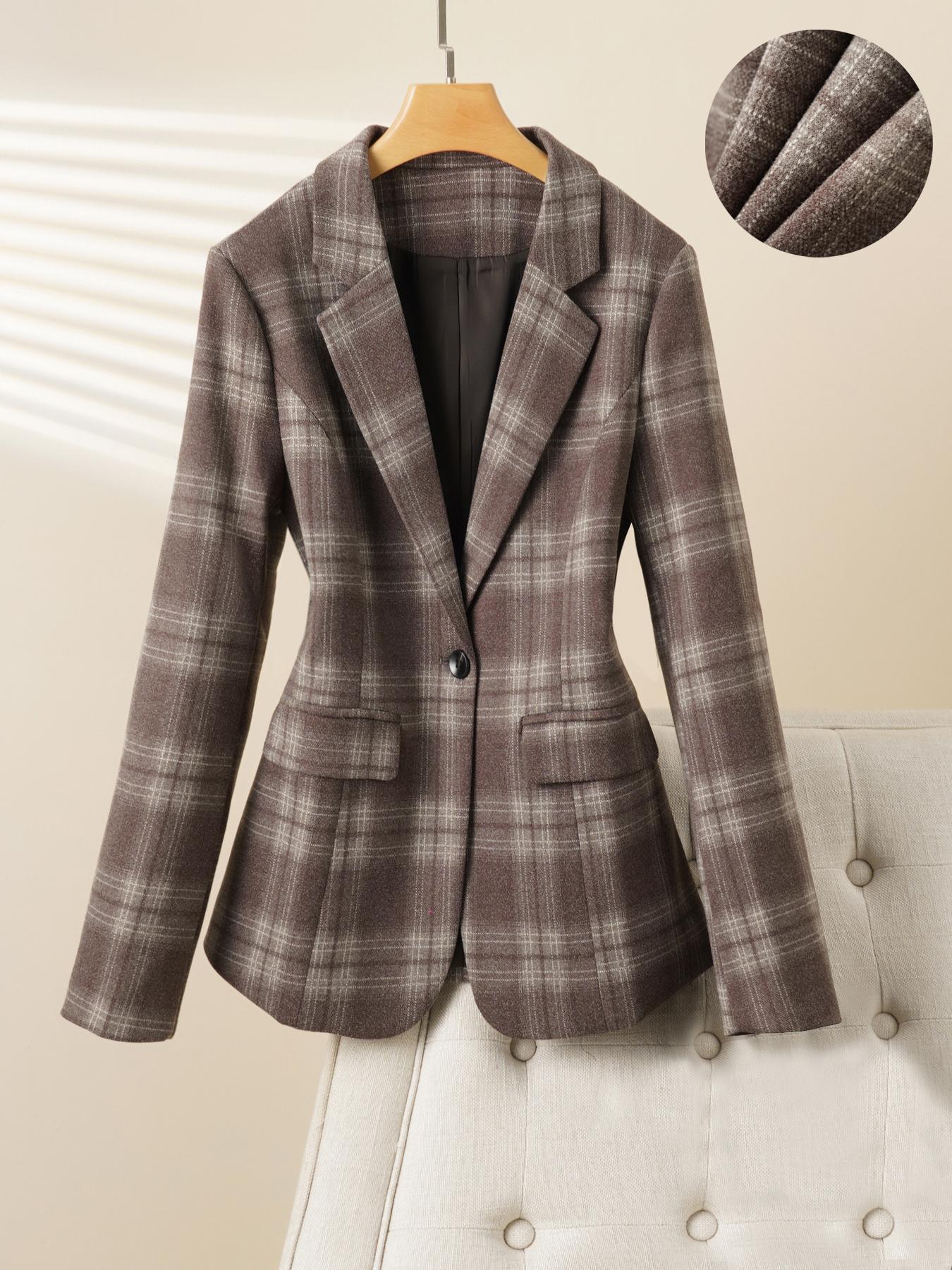 Women's Plaid Wool Blend Jacket, Fitted Long Sleeve Coat for Autumn Winter, Fashionable Commuter Outerwear, Warm Office Wear, Trendy Blazer