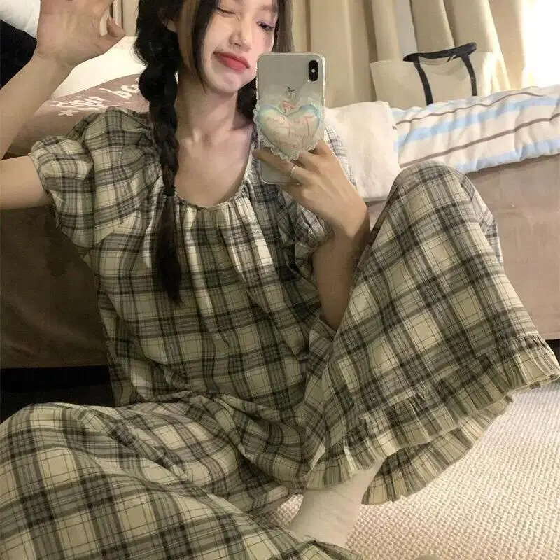 Plaid Sleepwear Women Korean Reviews Many Pajama Sets Pants Summer Home Wear Two-piece Set Japanese Piiama Short Sleeve Pyjamas