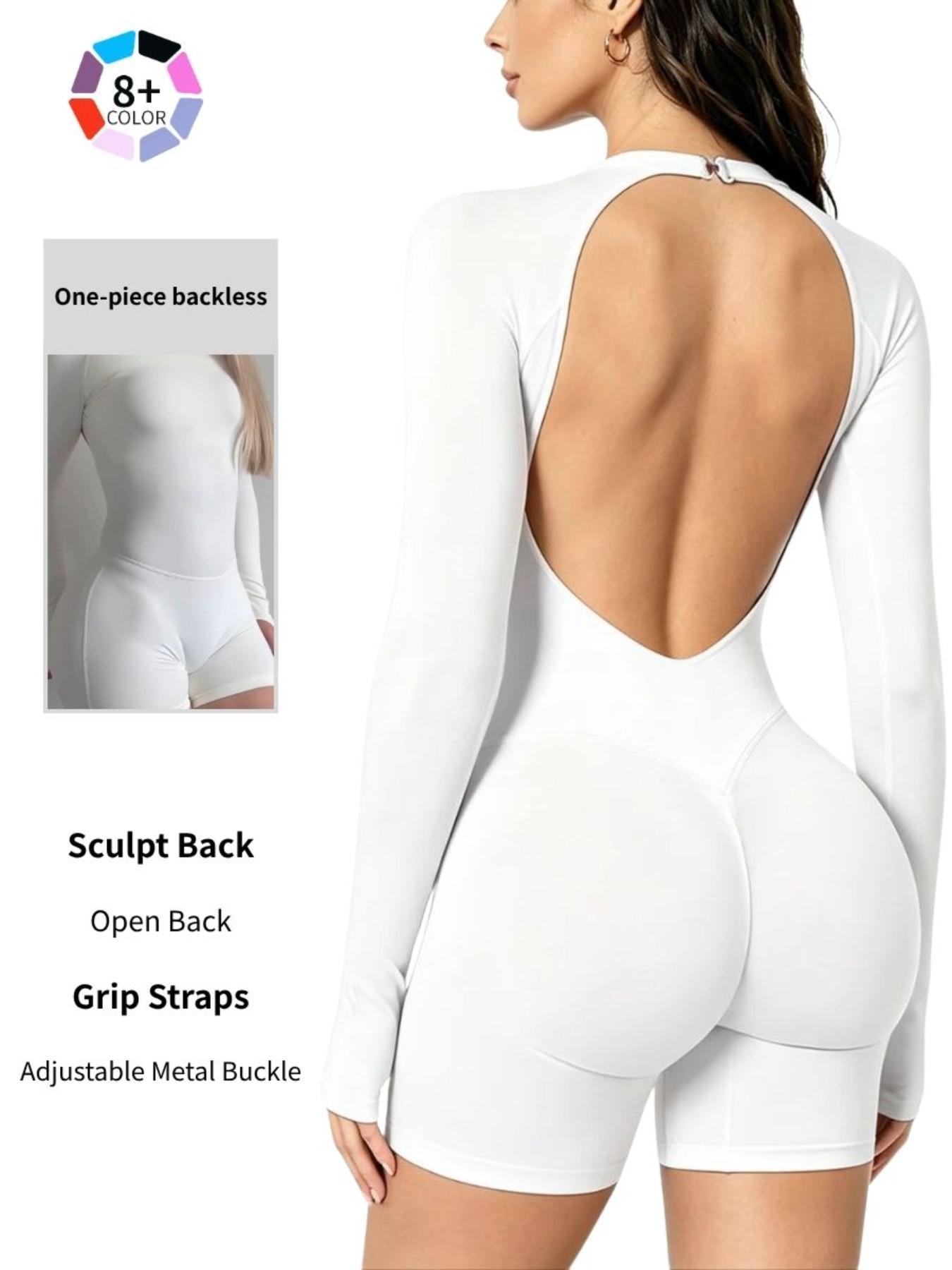 Women's All-Season Long Sleeve Backless Workout Jumpsuit, Tummy Control & Butt Lifting, Stretchy Slim Fit Gym Bodysuit for Pilates & Running, Backless Activewear