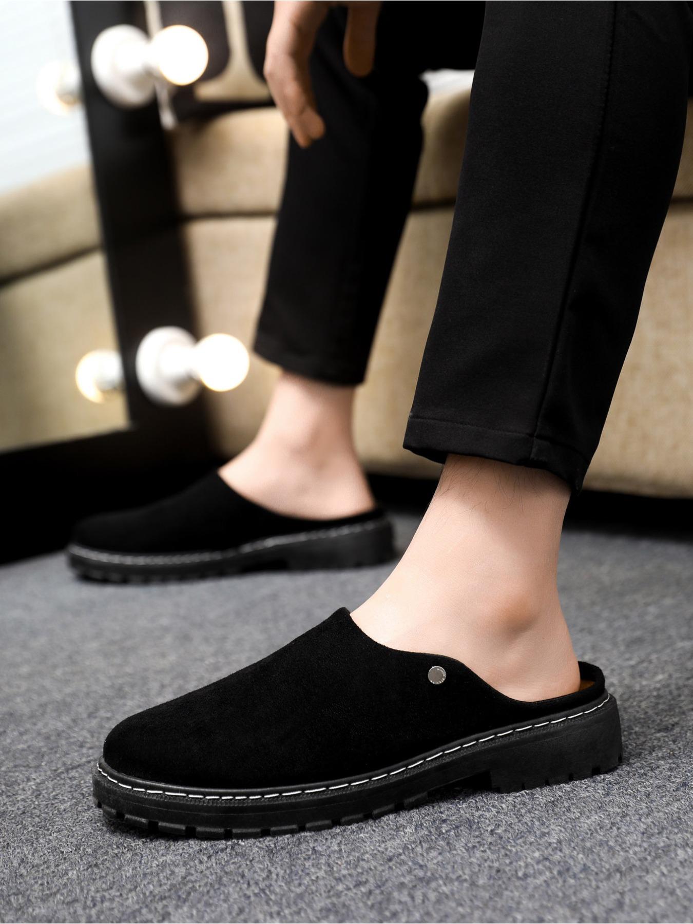 Black frosted toe cap mules - thick-soled, flat-heeled casual commuting men's loafers, Birkenstocks