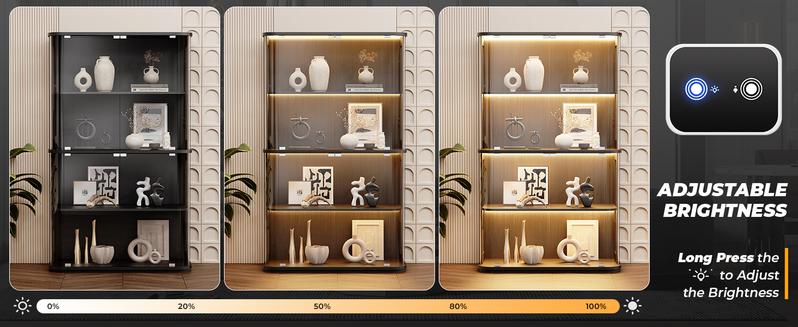 BROTTAR Large Display Cabinet with Glass Door, 4-Tier Curio Cabinet with 3 Color Lights for Collectibles, Glass Display Case with Transparent Full-Display Surface, Human Body Sensor, Black/White