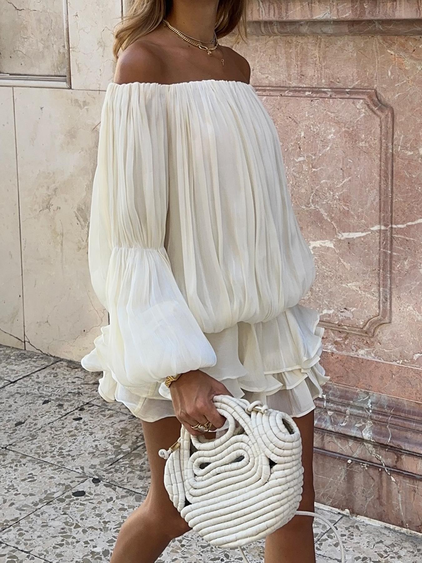 Off Shoulder Boho Style Woven Fabric Dress, Loose-Fit Design for Fall & Winter Holidays, Moderate Thickening Comfortable Wear