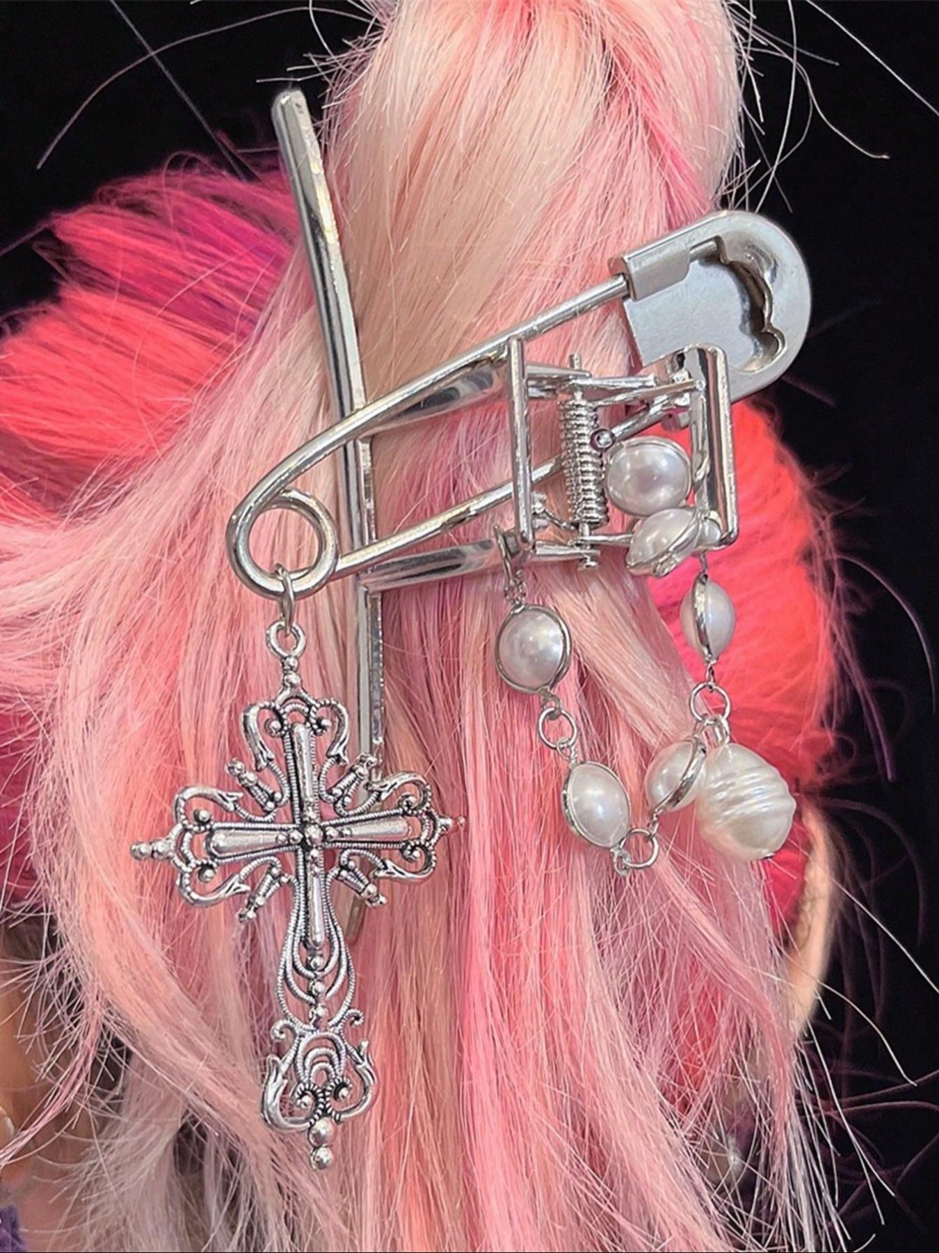 Faux Pearl & Chain Decorated Hair Claw, Hair Clip, Hairpin, Y2K Punk Style Hollow Out Design Hair Accessories for Women & Girls, Vintage Hair Accessories for Daily Wear