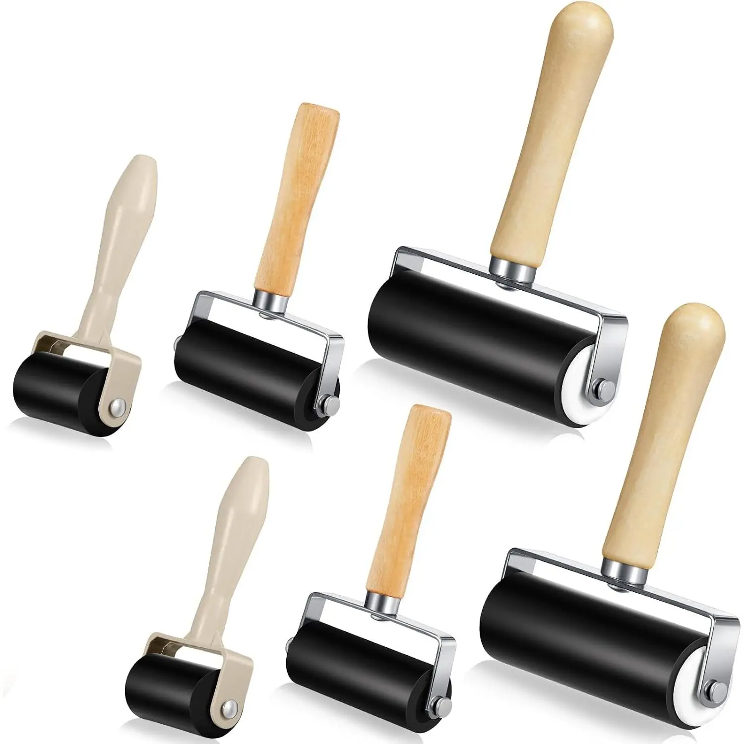 6 Pack Rubber Brayer Rollers, 1.4/2.4/4 in Hard Rubber Roller