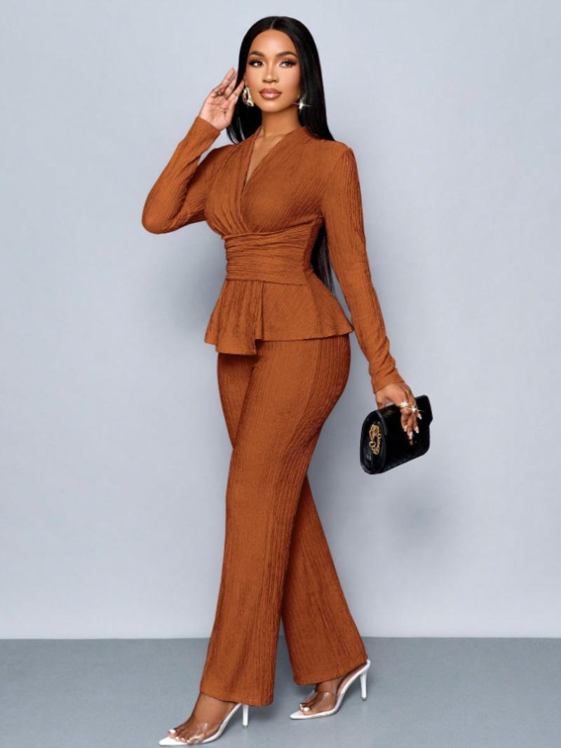 Women's Apricot Color Elegant V-Neck Long Sleeve Asymmetrical Hem T-Shirt & Wide-Leg Pants Two Piece Set, Casual Daily Wear
