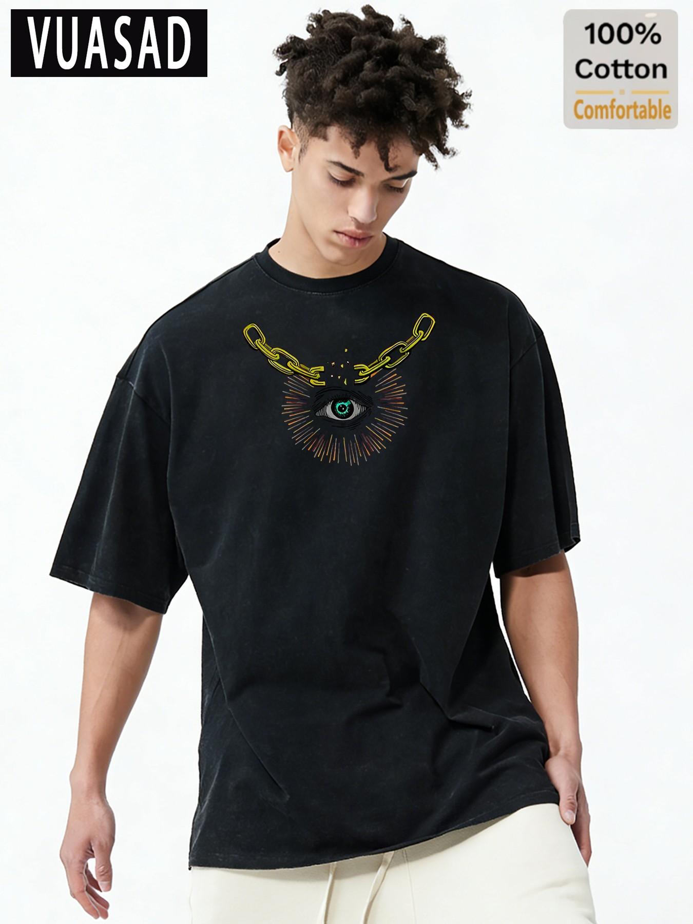 American Street Style Mystery Element Short Sleeve T-Shirt for Men, 100% Pure Cotton, Loose Fit, Casual Commuter Top, Long Length