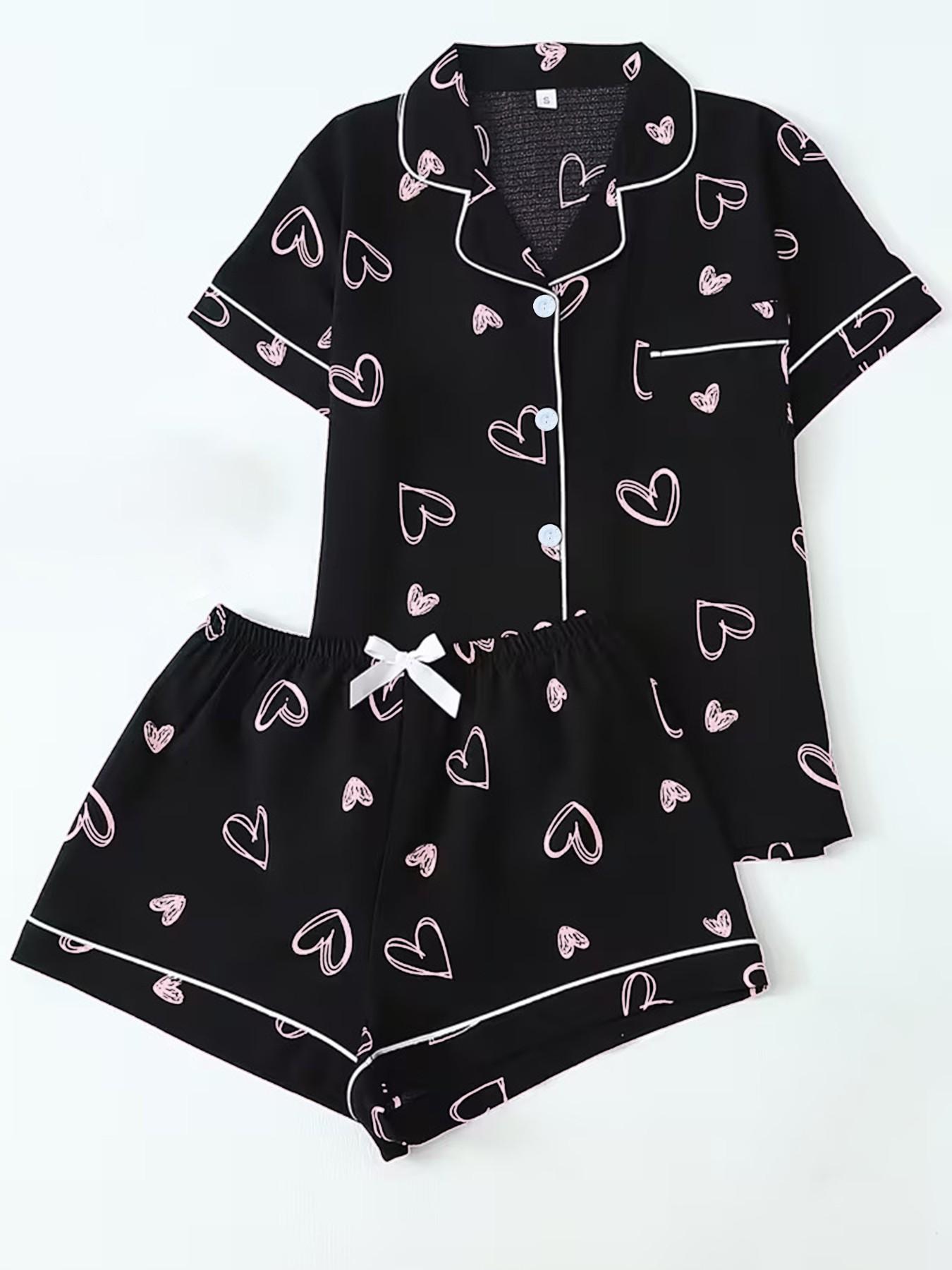 Women's Pajama Set, Shell Starfish Print Loungewear, Short Sleeve Button-Down Shirt & Elastic Waist Shorts, Casual and Comfortable Nightwear for All Seasons, Pyjamas Set