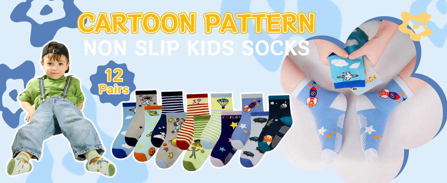 Toddler Grip Socks, 12-Pair Non-Slip Cotton Socks for Boys & Girls, Soft Anti-Skid Socks with Grippers for Ages 1-7T