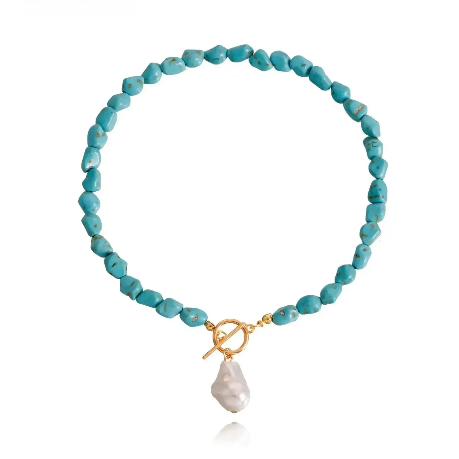 Boho Natural Turquoise, Beaded Necklace, For Women, Non-Braided Stone With Toggle Clasp & Non-Elastic Spliced Pearl Pendant, Easy Front Clasp Wear, Irregular Gemstone Baroque Choker Jewelry, Adjustable Fit, Perfect Birthday Party Gift