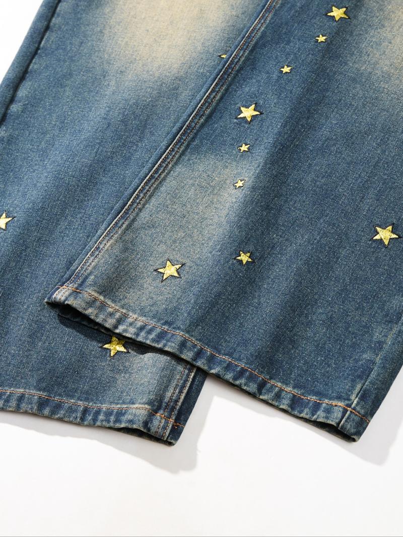 Men's American Vintage Washed Embroidered Jeans, Loose Straight Leg Pants, Trendy Embroidery Craft, Casual Versatile Gift Recommendation