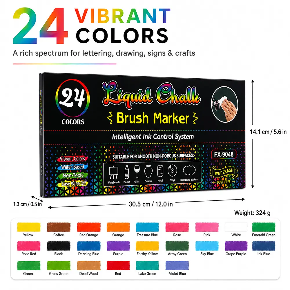 12/24 Color Erasable Liquid Chalk Marker, Soft Tip Fluorescent Glass Blackboard Pen, Dust-Free Wet-Erasable Washable Markers, Ideal for Holiday Decorations