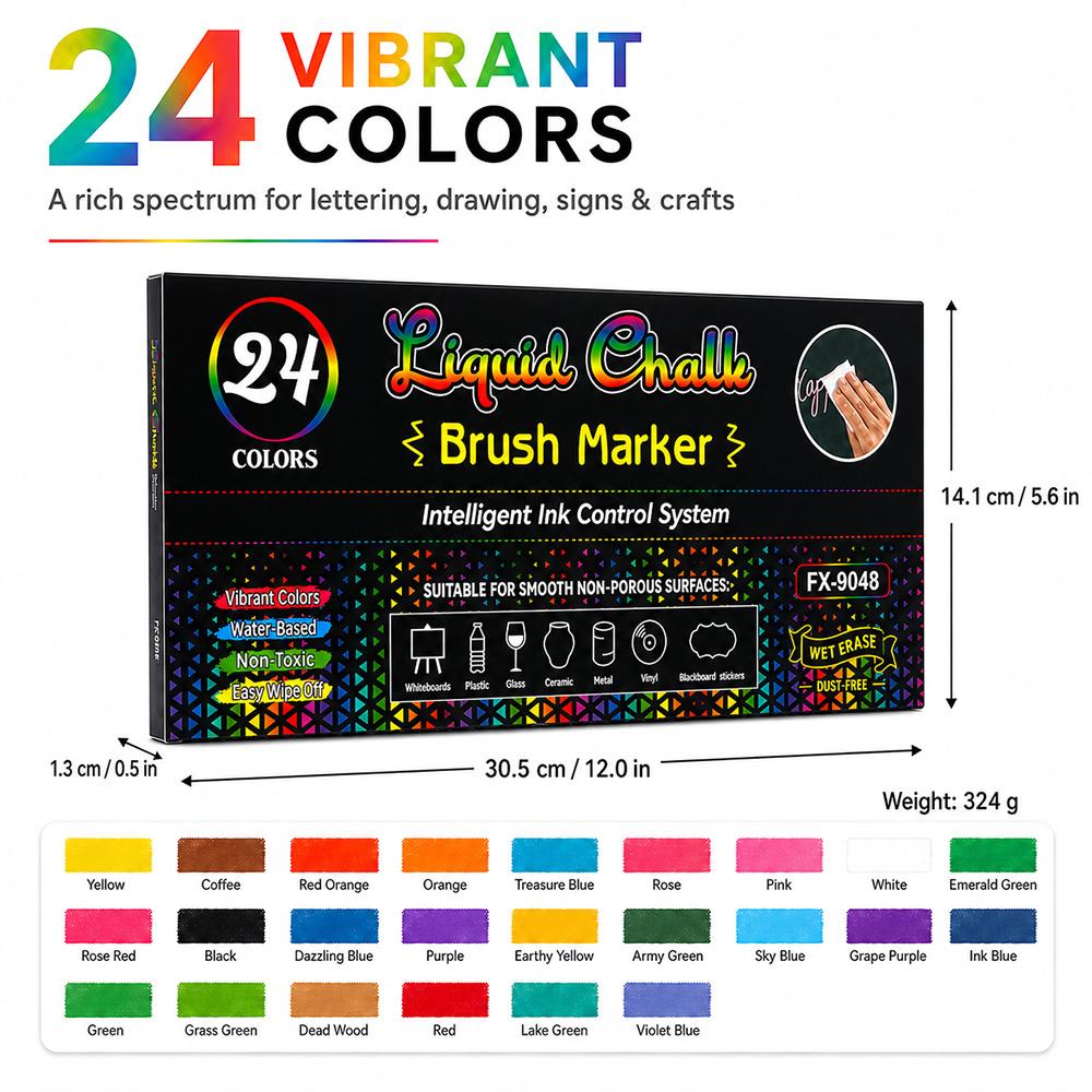 12/24 Color Erasable Liquid Chalk Marker, Soft Tip Fluorescent Glass Blackboard Pen, Dust-Free Wet-Erasable Washable Markers, Ideal for Holiday Decorations