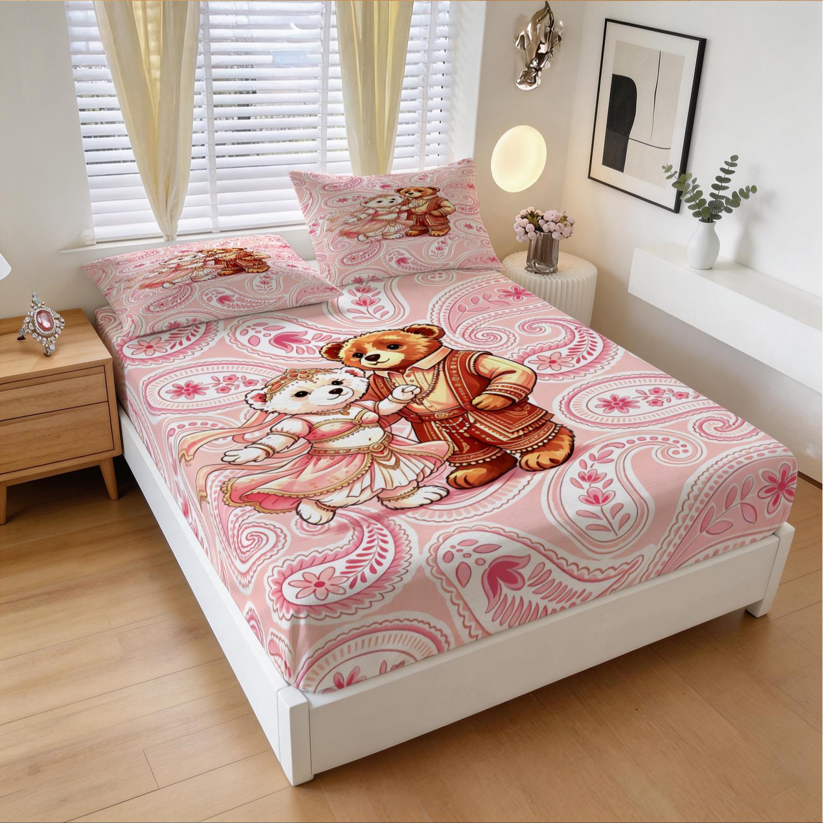 Ethnic Couple Bear Fitted Sheet Set, 3 Pieces (1 Fitted Sheet + 2 Pillowcases), Soft Skin-Friendly, Pink Paisley Floral Bedding, Deep Pocket, Cute Bear Print for Girls Teens Bedroom, All Seasons