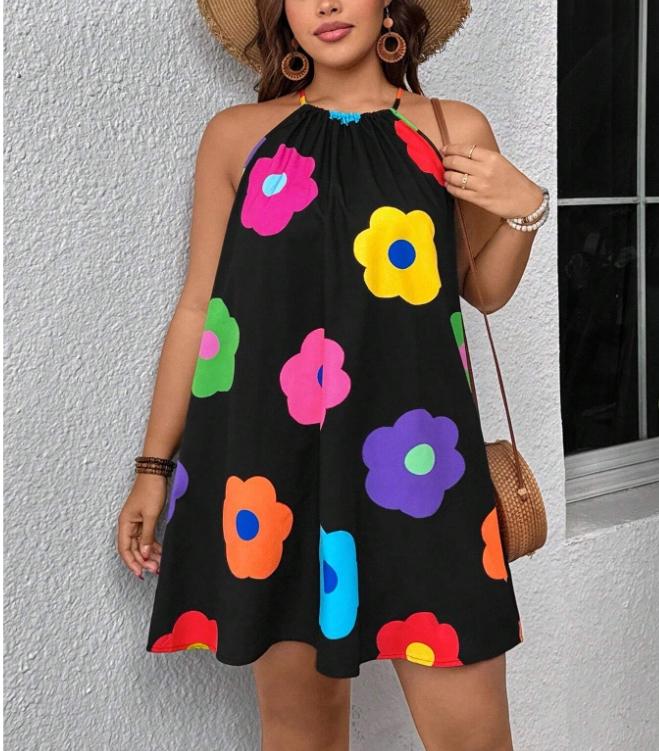 Women's Summer Short Dress, Sunflower Floral Print Loose Fit Casual Halter Maxi Dress, Plus Size Fashion Clothing