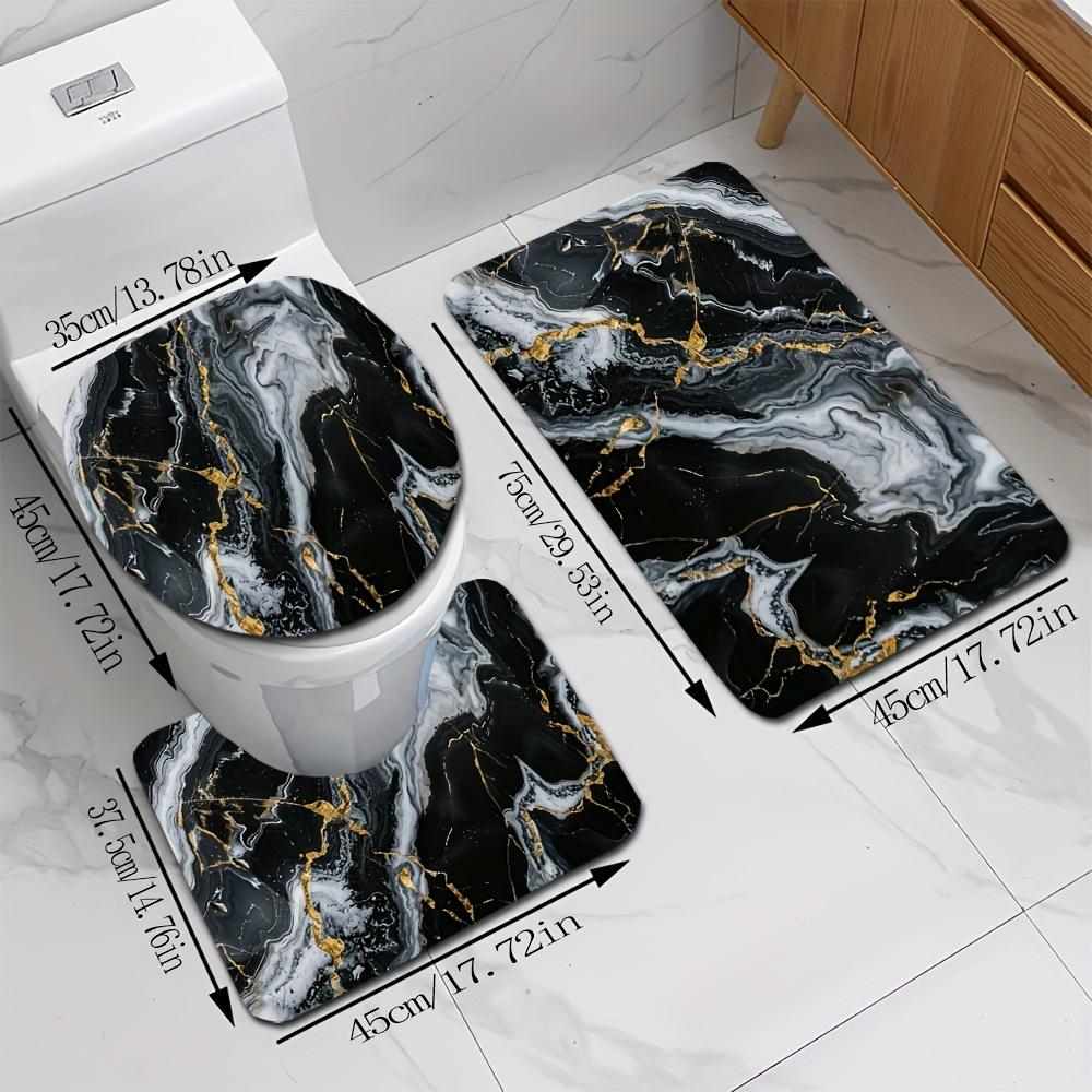 3pcs Black and Golden Faux Marble Pattern Rug Set, 0.8cm Flannel Material, Modern Minimalist Style, Non-Slip Bath Mat, O-Shaped Non-Slip Toilet Seat Cover, Exquisite Home Decor Set