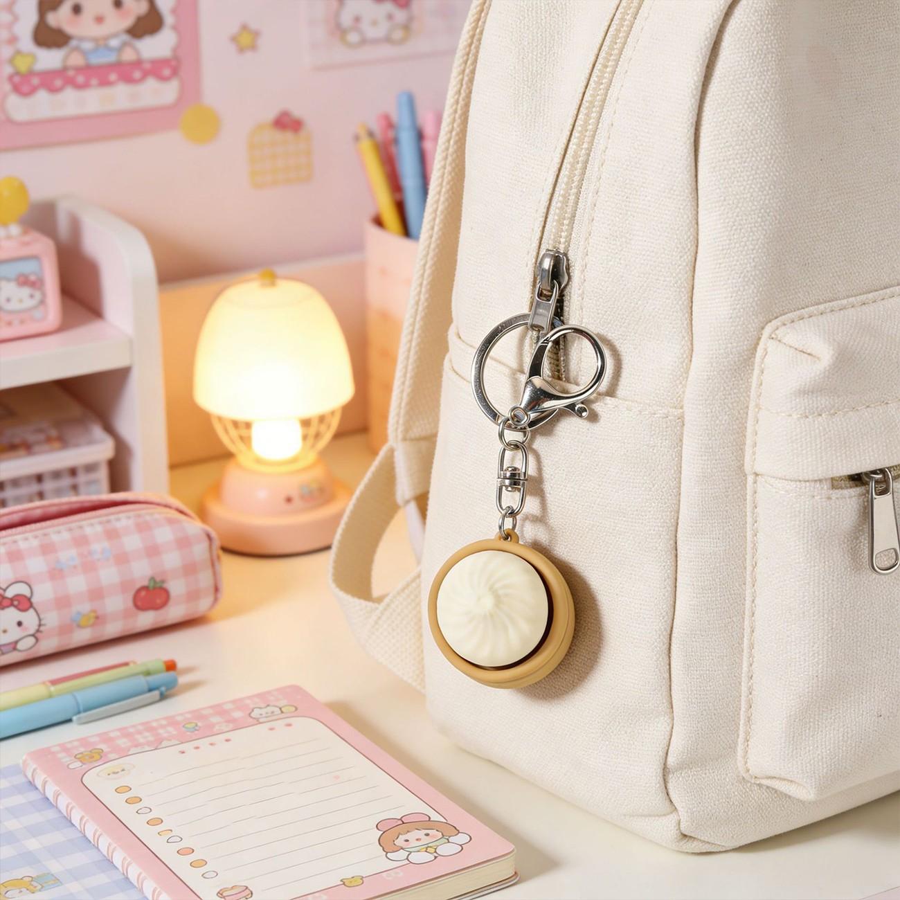 2-piece set - Simulated mini steamed bun steamer with release buttons and keychain. Stress-relieving keychain for student backpacks. Creative-shaped bag hanger decoration gift. Cute steamed bun keychain as an outlet for stress.