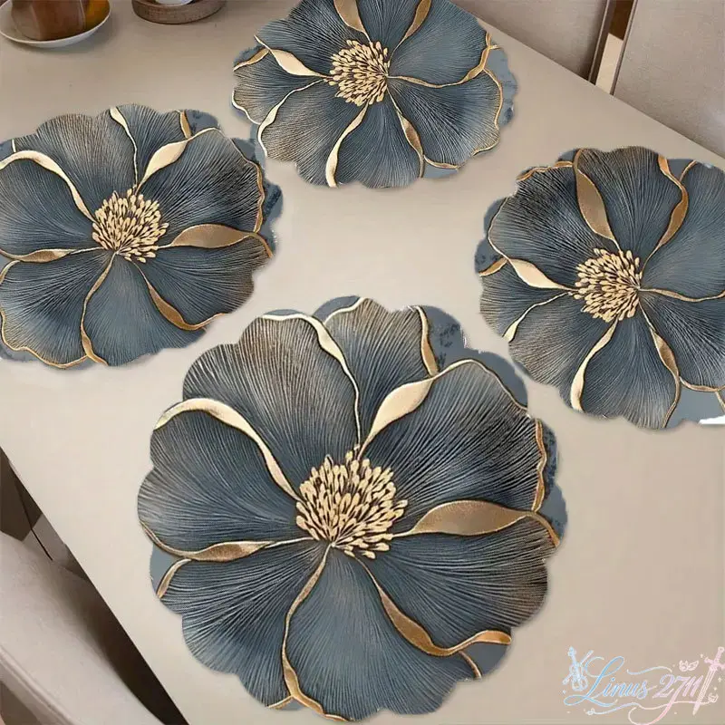 4pcs Floral Round Placemats Grey Gold Flower Shape Table Mats Heat Resistant Non-Slip Dining Table Decor for Wedding Banquet Birthday Party Kitchen Dinner Table Decoration Elegant Table Centerpiece