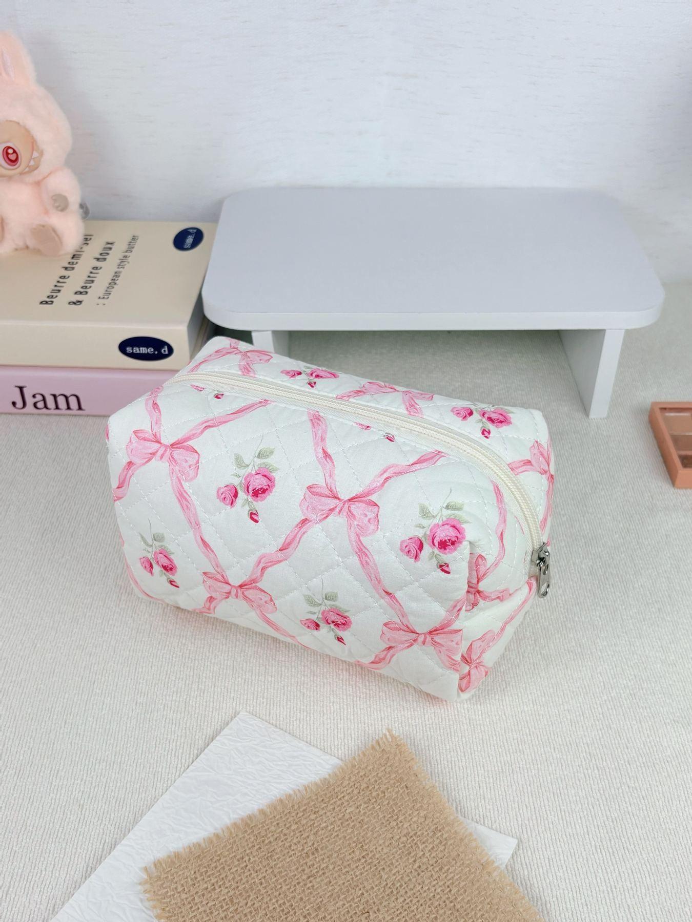 Pink rose bow quilted cosmetic bag set, multi-size cosmetic bag, suitable for daily and travel storage