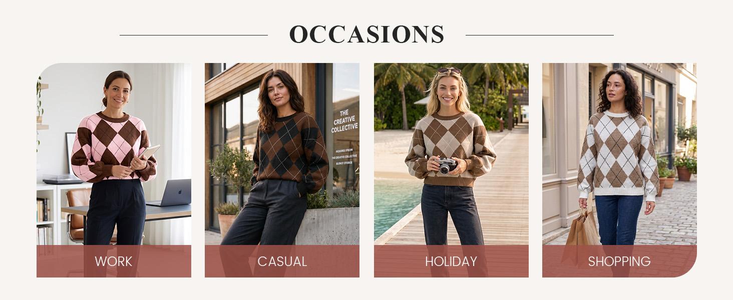 Saodimallsu Womens Checkered Argyle Sweater Color Block Crew Neck Long Sleeve Loose Preppy Knit Pullover Tops