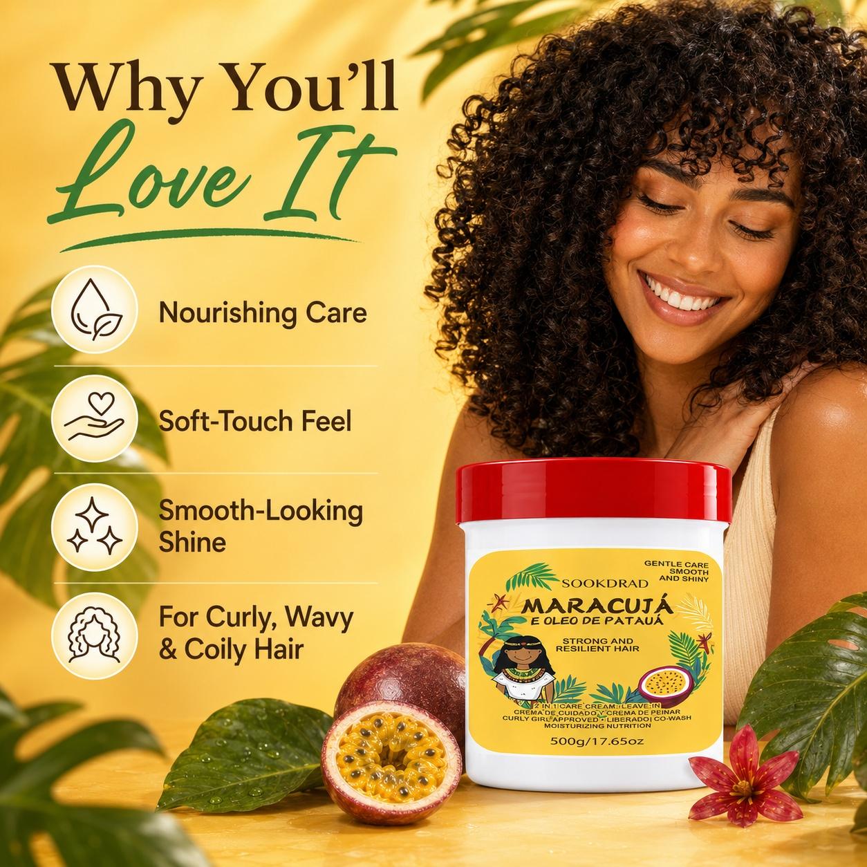Maracuja Pataua Oil Hair Cream, Hair Care 2in1 Leave-In, Curly Girl Approved, Co-Wash Friendly, Moisturizing Nutrition, Strong Resilient Hair, Smooth Shiny Curls, Curly Hair Products