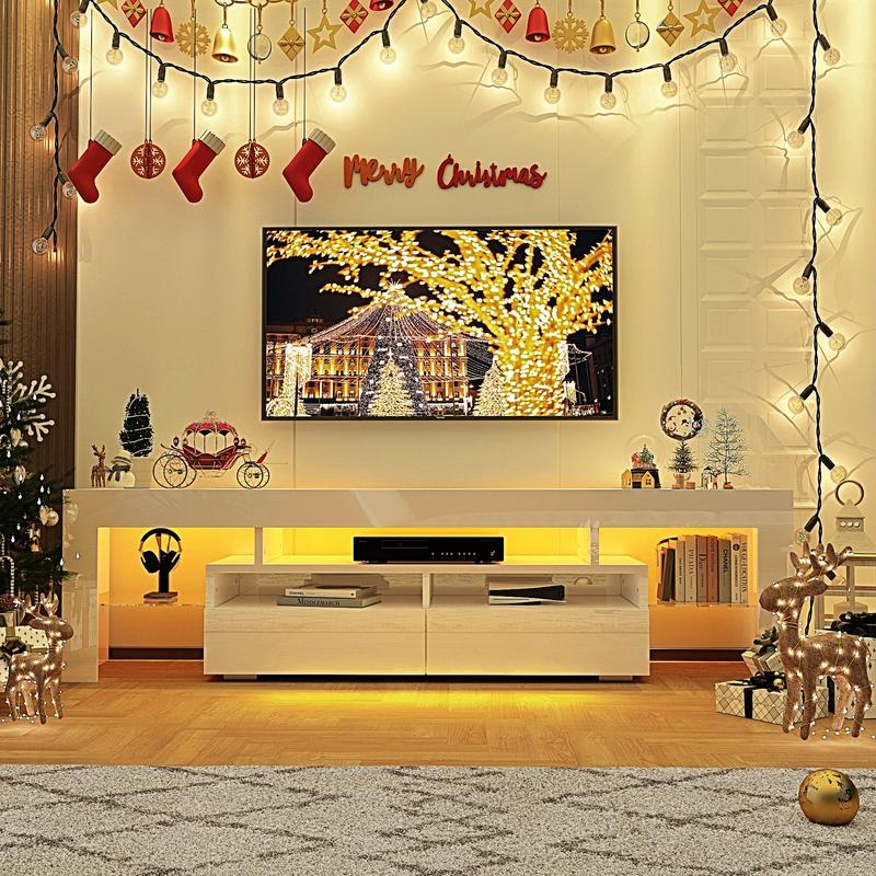 70in LED TV Stand for 75/80 inch TV, High Glossy Modern Entertainment Center with Drawer and Open Shelf, Television Table Center Media Console for Living Room, White/Black