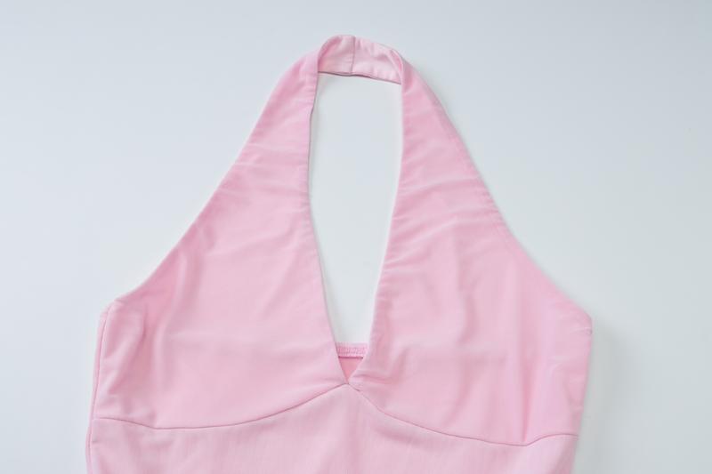 Women‘s Mesh Solid Ruched Sleeveless Halter Slip Dress, Plain Slim Fit V-neck Backless Elegant Pleated Midi Dress, Party Club Date Holiday Daily Casual Dresses For Ladies All Seasons Summer Fashion Clothes