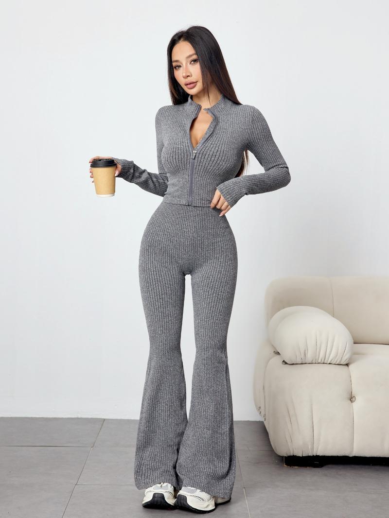 Women's Two-Piece Set, Sweatsuit Matching Set, Autumn Winter Knit Ribbed Jacket & High-Waisted Flare Pants, Casual Fitted Yoga Gym