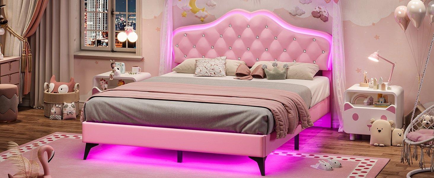 Sikaic Velvet Princess Platform RGB LED Bed Frame with Storage Drawers and Adjustable Crystal Button Headboard Creamy Pink Furniture Nursery Design Cute Interior Bedroom Set Upholstered Modern Cama Sikaic Velvet Princess Platform RGB LED Bed Frame with Storage Drawers and Adjustable Crystal Button Headboard Creamy Pink Furniture Nursery Design Cute Interior Bedroom Set Upholstered Modern Cama