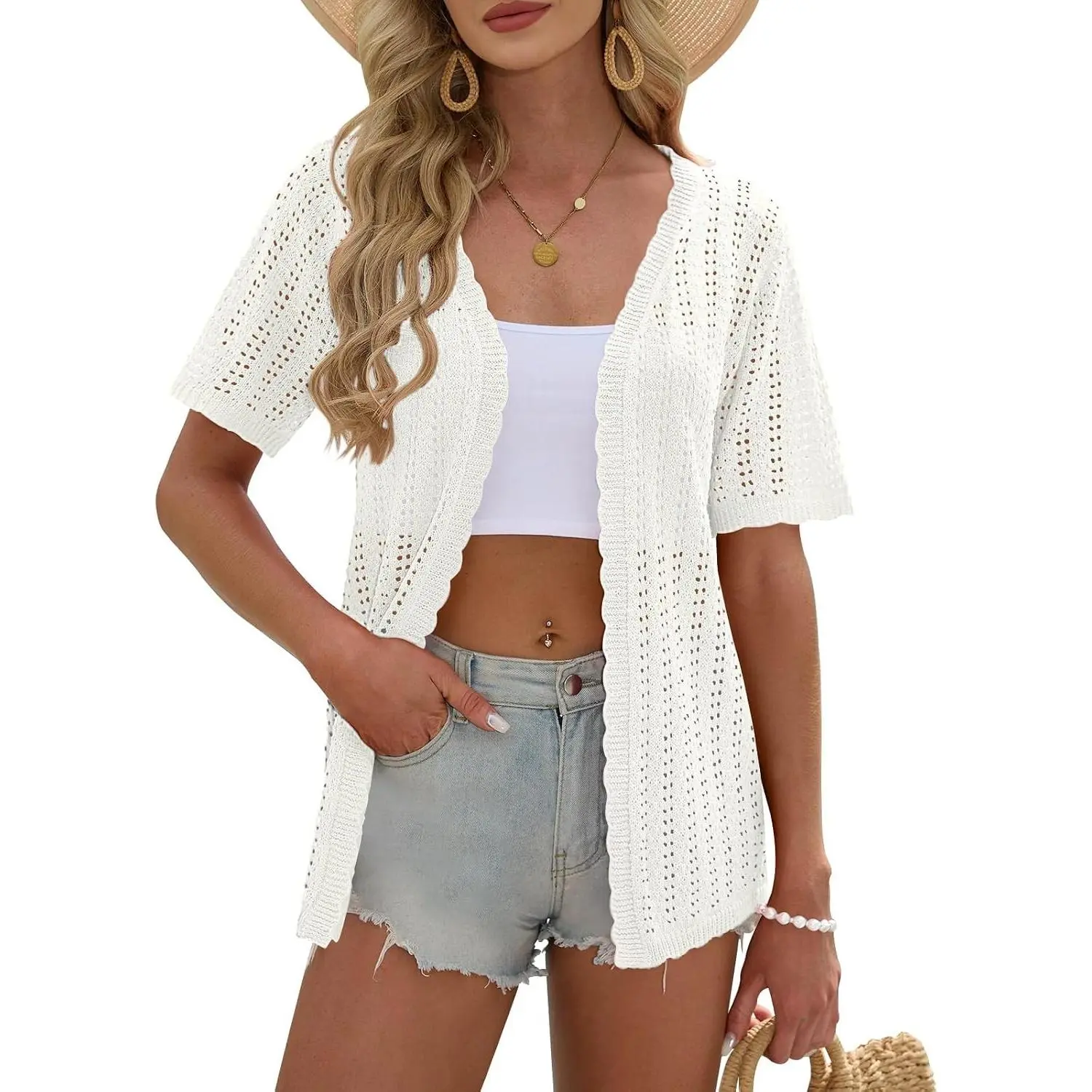 Women's Summer Short Sleeve Boho Pointelle Cardigan Cover Up Lightweight Kimono Open Front Loose Fit Beach Knit SweaterGift