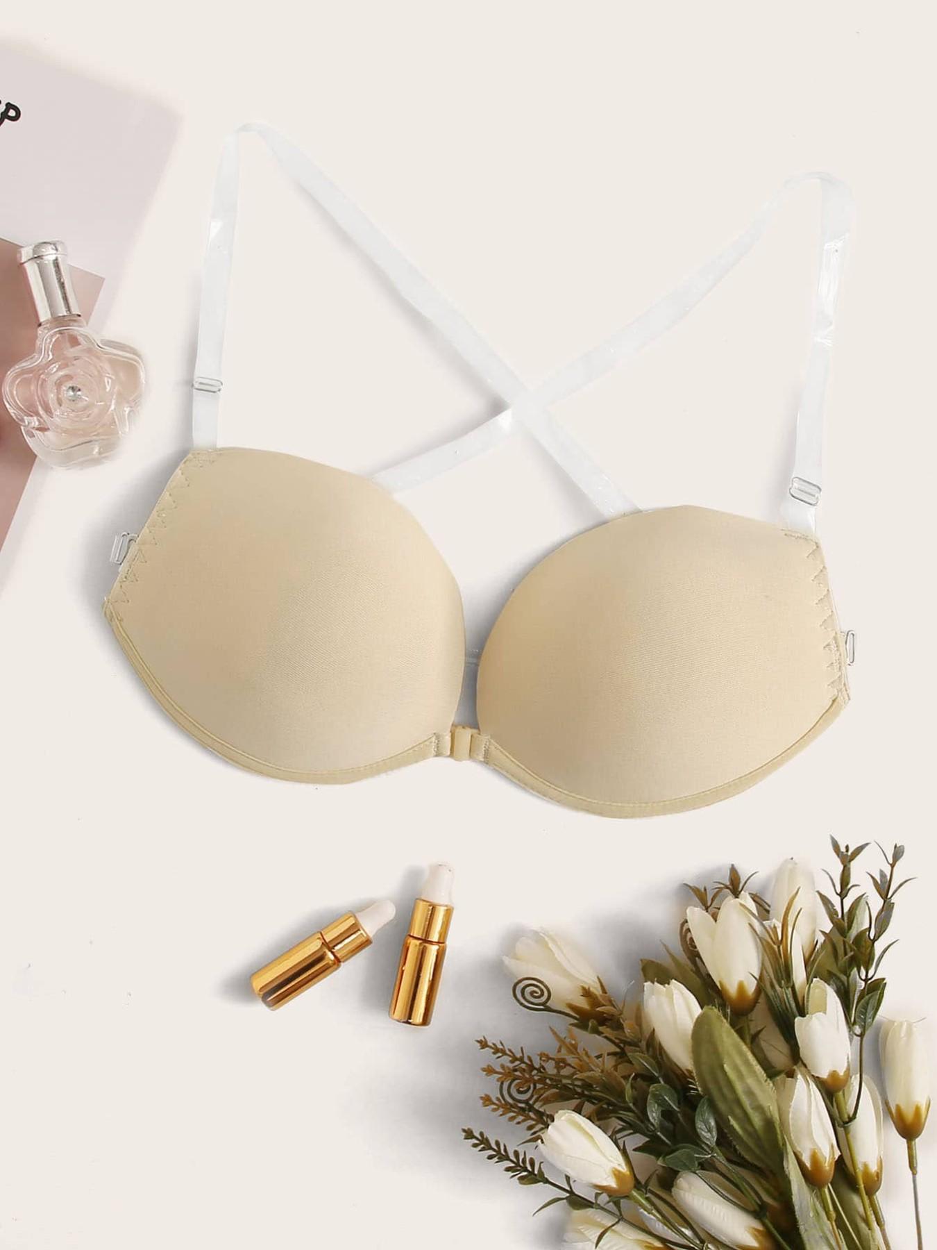Front Closure Invisible Backless Bra with Clear Straps, Push Up Seamless Bra for Formal Evening Dress Wedding Outfits, Front Close Bra