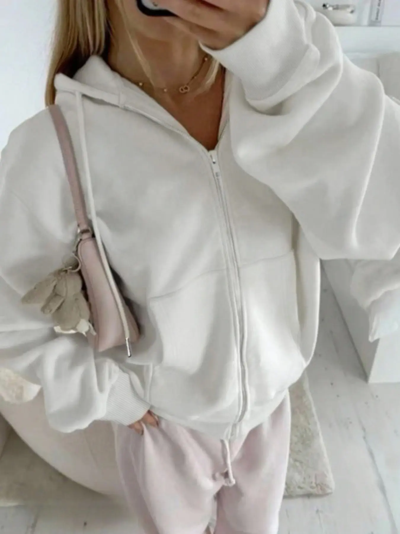 Women's Solid Color Fashion Loose Fit Long Sleeve Hooded Zipper Sweatshirt, Casual Fall & Winter Essential, Comfortable and Versatile Top
