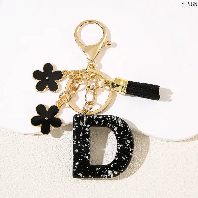 Women's Initial Letter D Keychains - Black Resin Alphabet Key Ring with Flower Charms, Tassel, Cute Bag Purse Charm, Personalized Monogram Accessory, Stylish Gift for Friends & Daily Leisure Use
