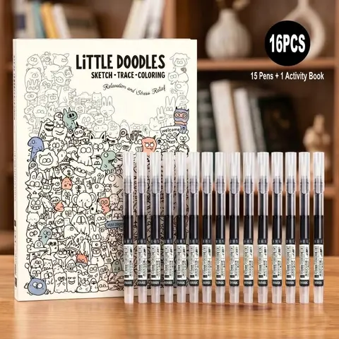 16pcs/set 3-in-1 Doodle Kits, Beginner Craft Kit, 1 Count A4 Thick Doodle Activity Book and 15pcs Quick Dry Pens, Sketch, Trace and Color Art Craft Kits, Art Drawing Supplies