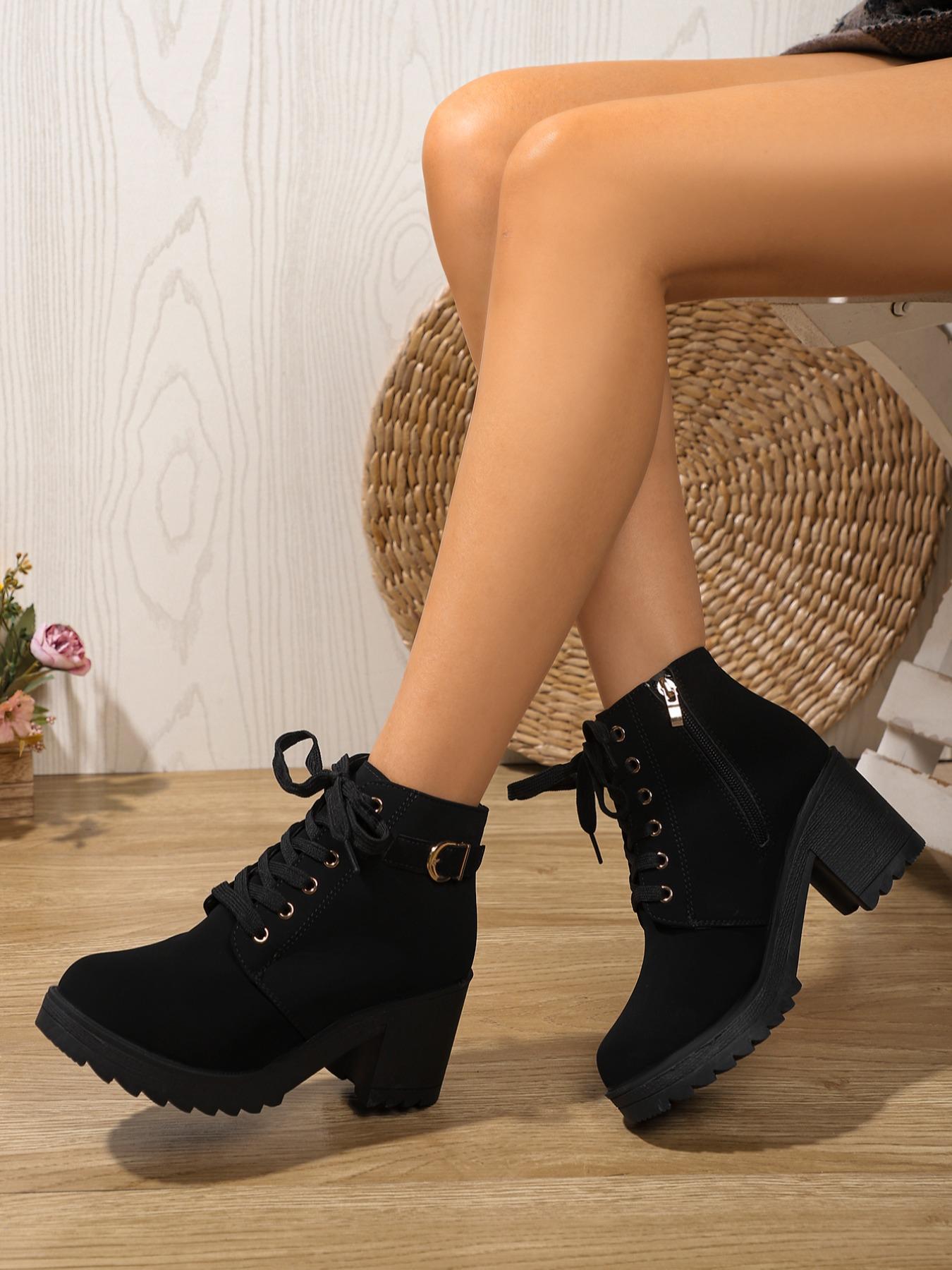 Women's Chunky Heel Thick Sole Ankle Boots, Side Zipper Lace-Up High Heel Boots, Fall Winter Casual Fashion Shoes